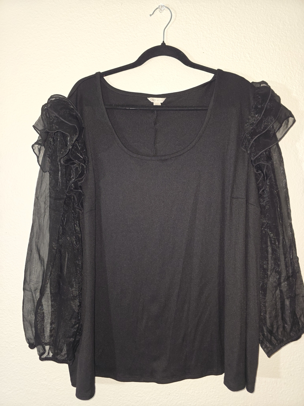 Cato Black Long-Sleeve Top with Sheer Ruffle Sleeves